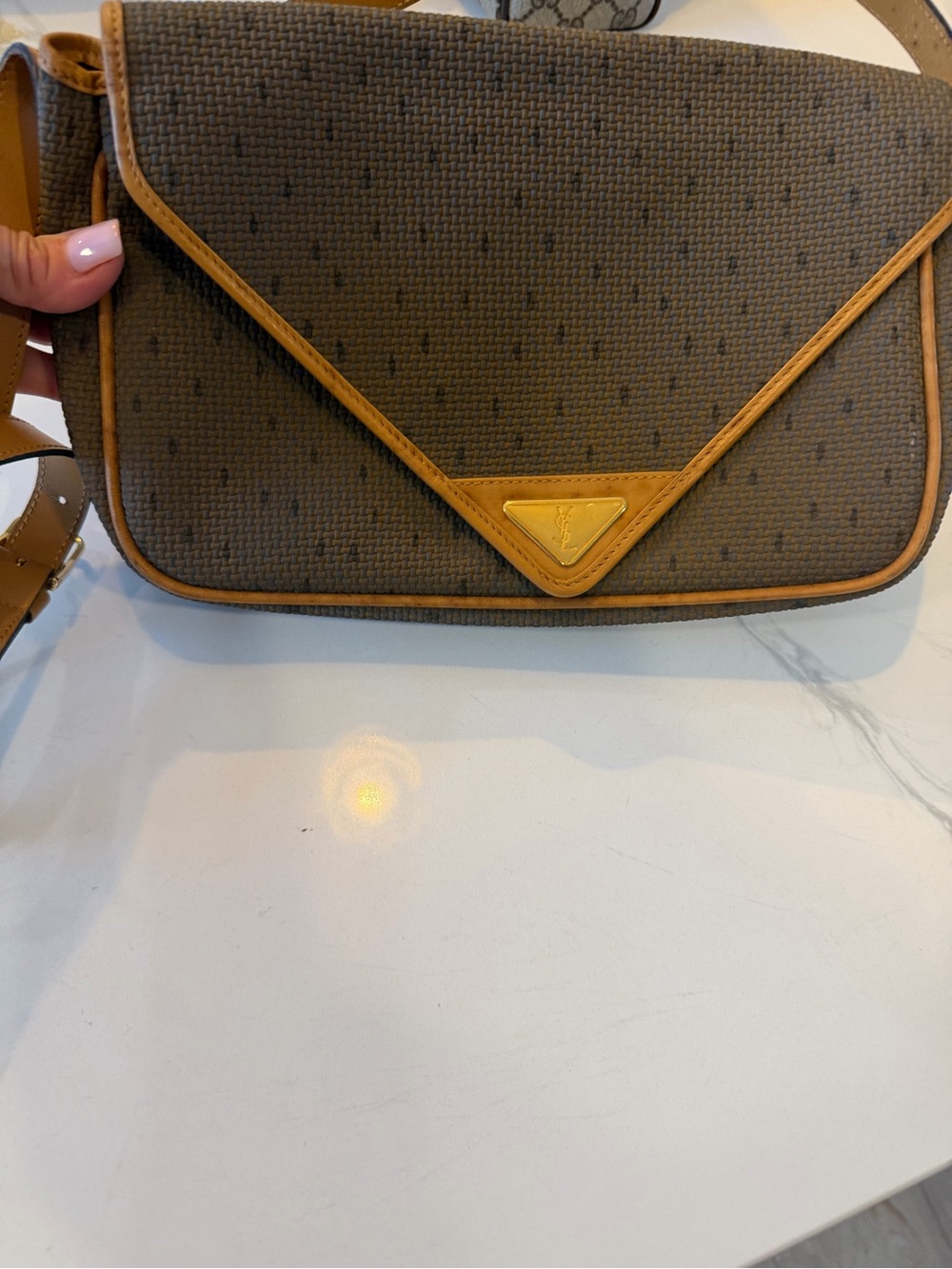 Yves Saint Laurent Brown Canvas Envelope Crossbody with Tan Trim